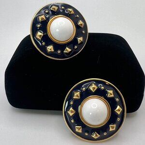 Monet Navy Gold and White Extra Large CLIP Earrings